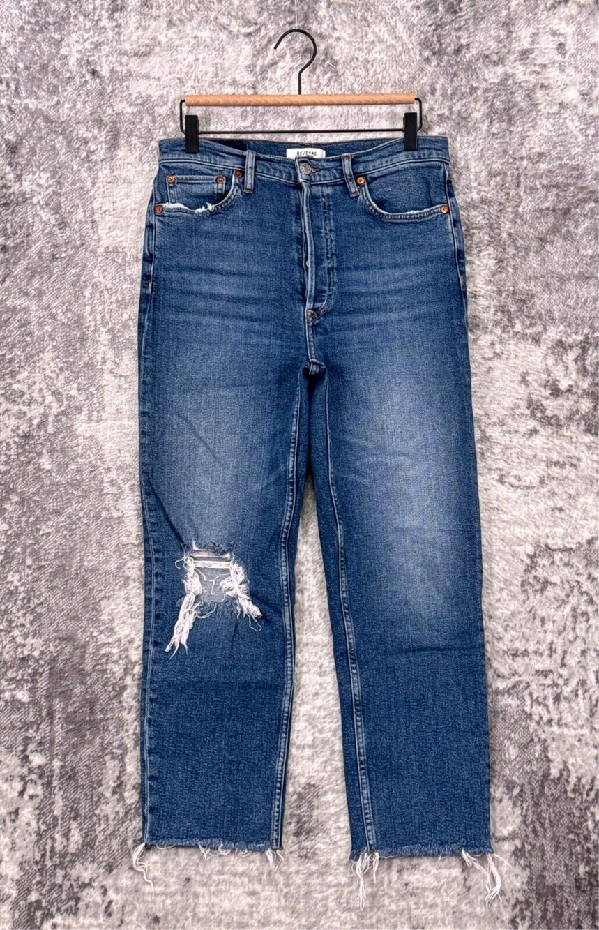 Re/Done Jeans 29 Womens 70s Ultra High Rise Stove Pipe Raw Hem Distressed